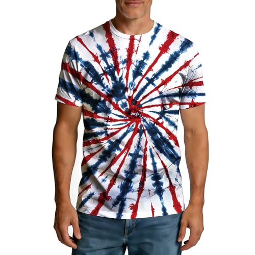 YZSRJZD Unisex Adult Red White Blue Tie Dye Shirts Short Sleeve T-Shirt for Men Women Hippie Senior Tie Dyed Tee Shirt Medium