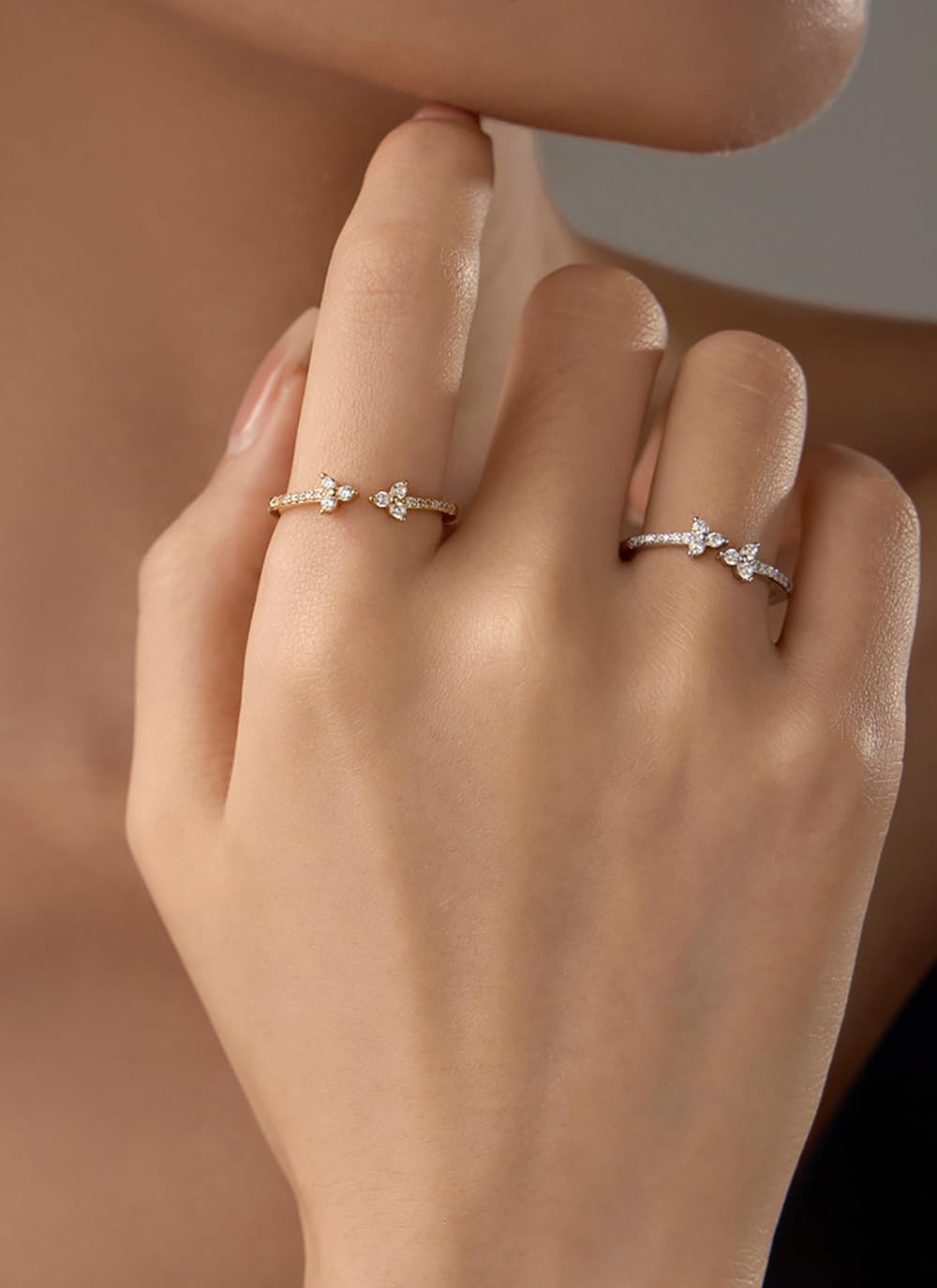 Diamond Flower Stacking Open Ring for Women 925 Sterling Silver Cubic Zirconia Crystal Adjustable Statement Thin Rings Wedding Promise Eternity Knuckle Finger Band Dainty Jewelry Gifts for Her Birthday - Image 3