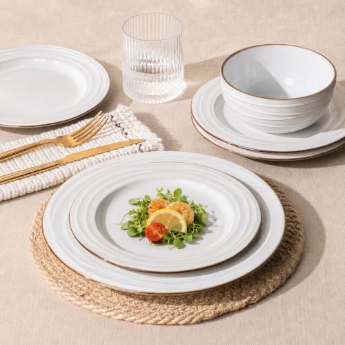 Image of GBHOME Ceramic Dinnerware Sets,12 pcs Embossed Elegant Stoneware Plates and Bowls Sets, Housewarming Wedding Gift | Dishwasher & Microwave Safe | Dishes Set Service for 4