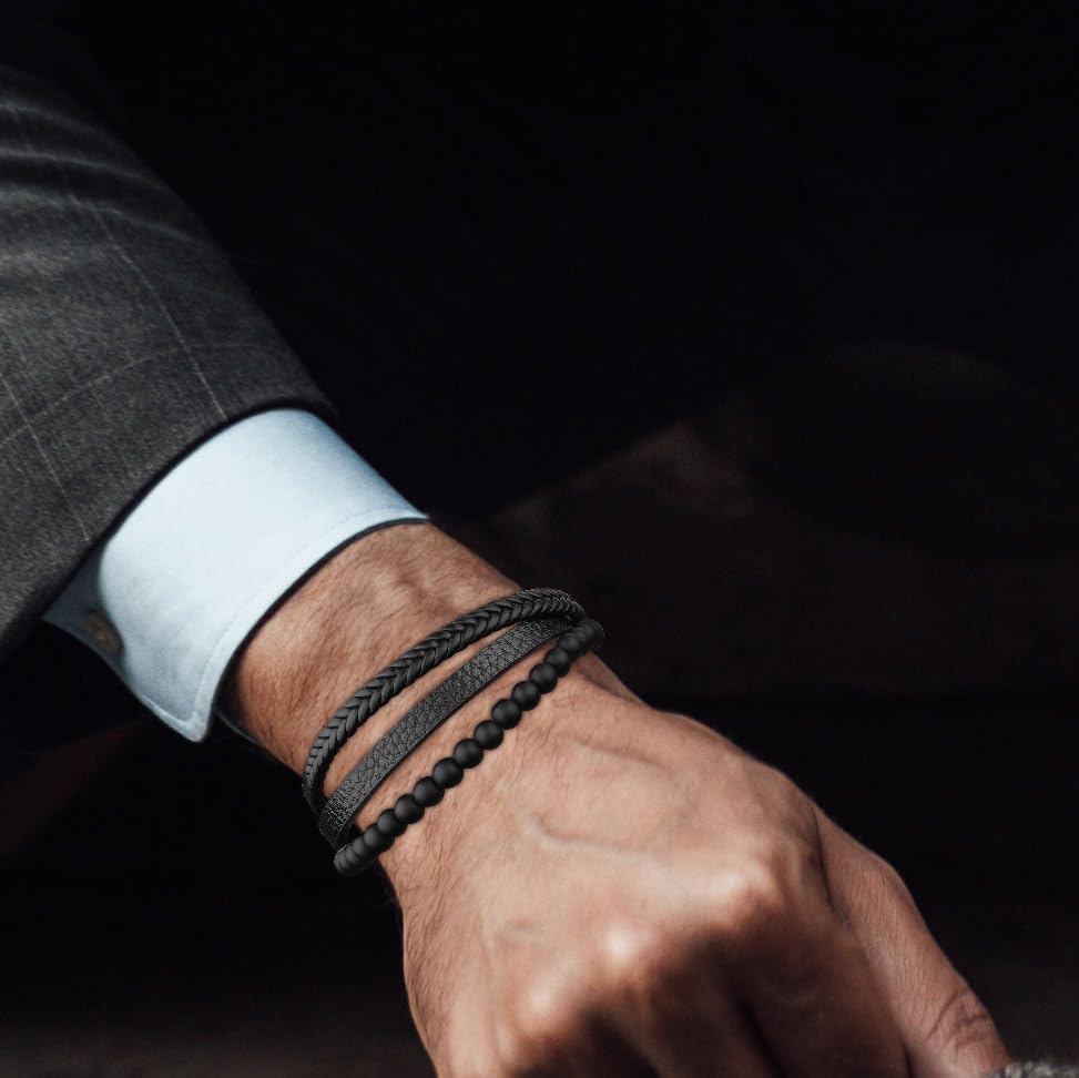 Gifts for Men - Mens Bracelet, Braided Leather Beaded Bracelets Mens Jewelry 6mm Tiger Eye Lava Rock Stone Handmade Bracelet With Adjustable Magnetic Clasp - Image 4