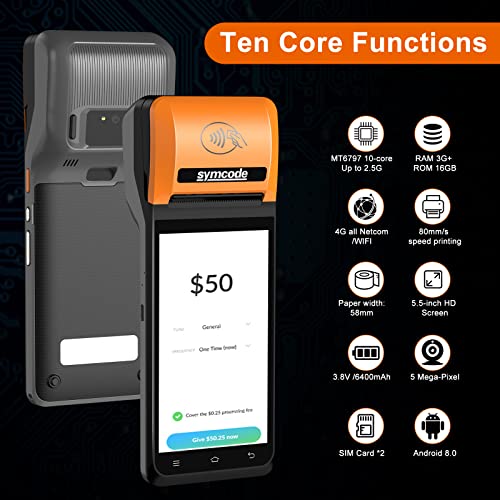 Symcode Thermal Pos Receipt Printer With Android 8.1 Os 5.5" Touch Screen Terminal Handheld Pda Printer, Support Wi-Fi Bluetooth, Support Loyverse, Kyte, Ireap, Built-In Google Play #TOP6