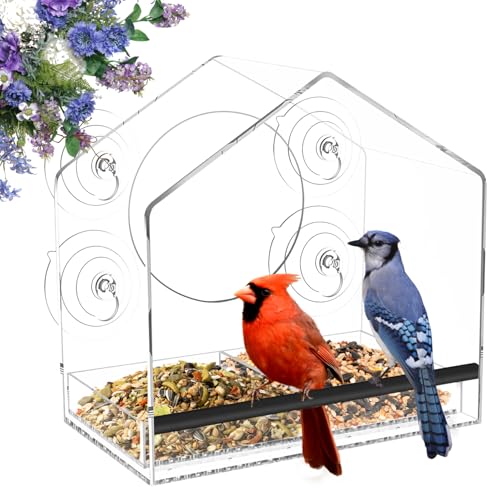 Jarkyfine Window Bird Feeder with Strong Suction Cups - 4.35' Extra Deep Removable Tray for Large Capacity, Clear Birdhouse for Outside Viewing, Gift for Cardinals, Finches & Bluebirds