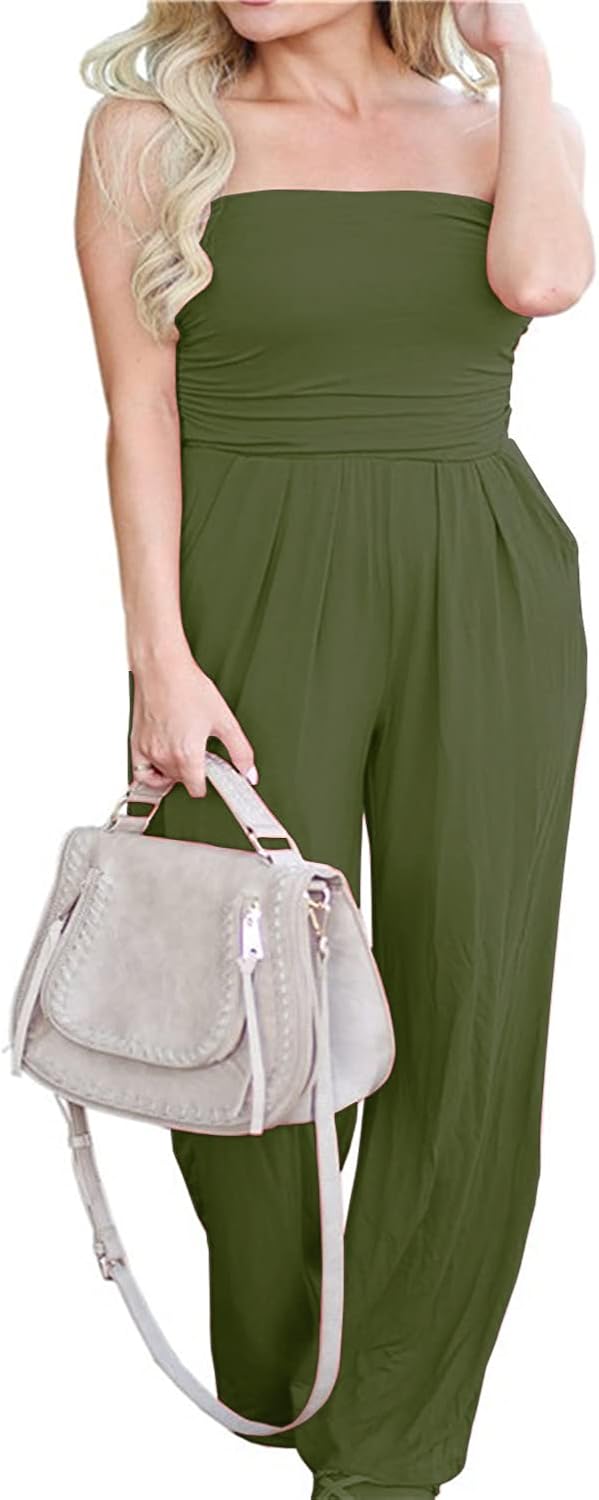 PRIMODA Women's Tube Top Strapless Off Shoulder Loose Wide Leg Jumpsuit Romper with Pockets