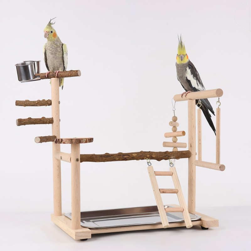 Mtiemxig Soporte de madera para loros, árbol de escalada natural con escalera y columpio, resistente paraíso de entrenamiento para periquitos, cacatúas, loros