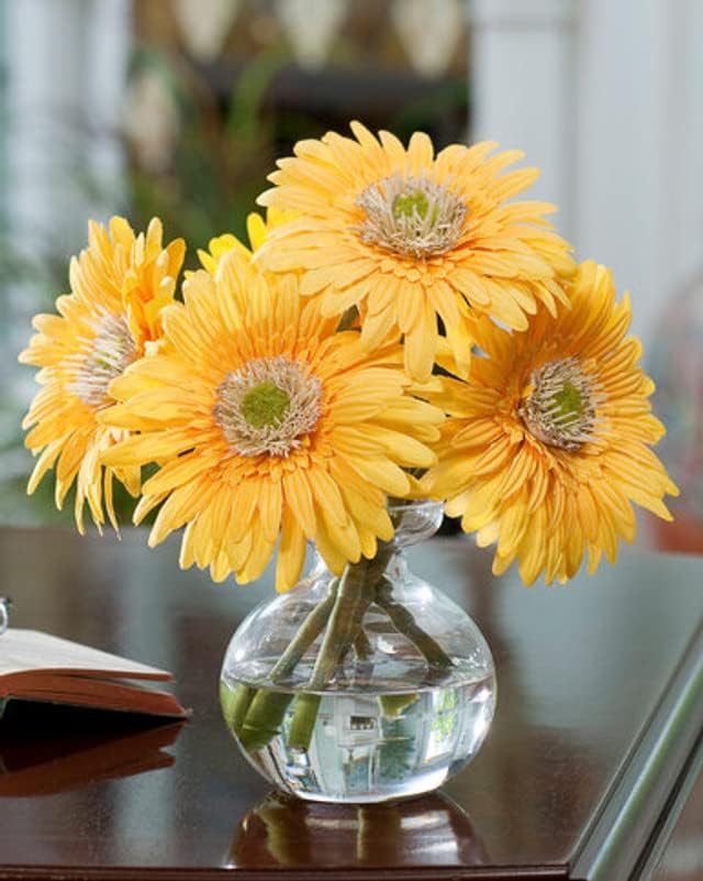 PETALS - Small Gerbera Daisy Silk Flower Arrangement in Vase - Yellow