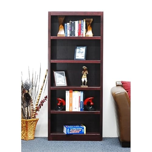 Home Square 2-Piece Set With 72" Tall Solid Wood Triple Wide Bookcase With Adjustable Shelves & 72" Tall 5 Shelves Bookcase, In Cherry #TOP5