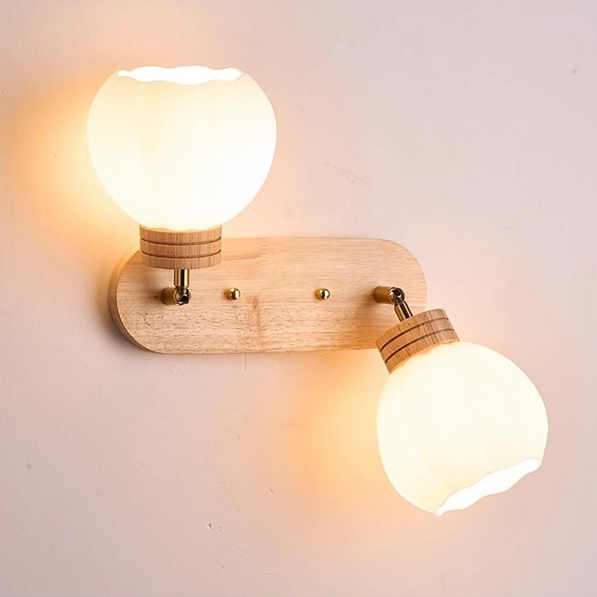 2-Light Glass Wall Lamp E27 Modern Nordic 180° Adjustable Angle Wall Lights Vintage Wooden Interior Decoration Wall Sconce Fixture for Living Room Farmhouse Vanity Wall Mount Lighting