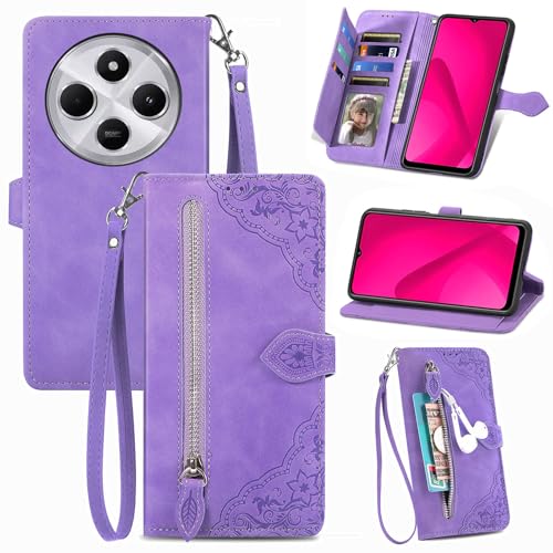 Fertuo Funda para Xiaomi Redmi 14C / Poco C75, Carcasa Libro con Tapa de Cuero PU Piel con Tarjeta, Soporte y Cierre Magnético Flores Dibujos Wallet Case Flip Cover Antigolpes para OCO C75, Violeta
