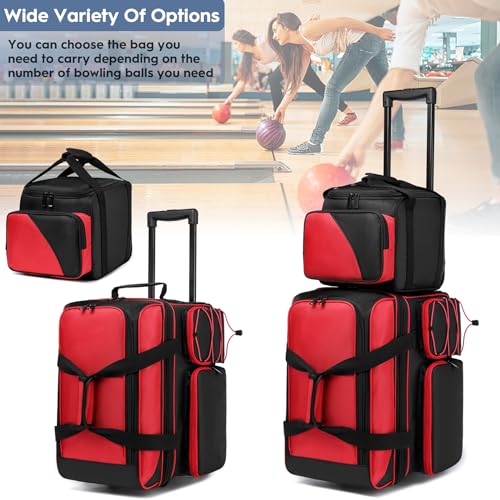 3 Ball Bowling Bag with Wheels, Bowling Bag 3 Ball Roller with Separate Shoe Compartment and Accessory Pocket, 2 Ball Roller Bag Plus Single Ball Tote (Red)