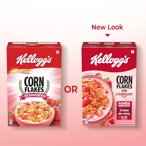 Image of Kellogg's Corn Flakes with Real Strawberry Pure | High in Iron, Vitamins B1, B2, B3, B6, C | Corn Flakes, Breakfast Cereal | Naturally Cholestrol Free, 300g / 345g (Weight May Vary) (Pack of 3)