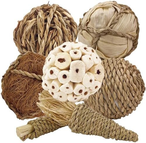7Pcs Bird Toy Large Chewing Balls – Natural Soft Chew Shredding & Foraging Toy for Cockatiel Conure Quaker Parrot Budgie Parakeet Rabbit Bunny Guinea Pig Chinchilla