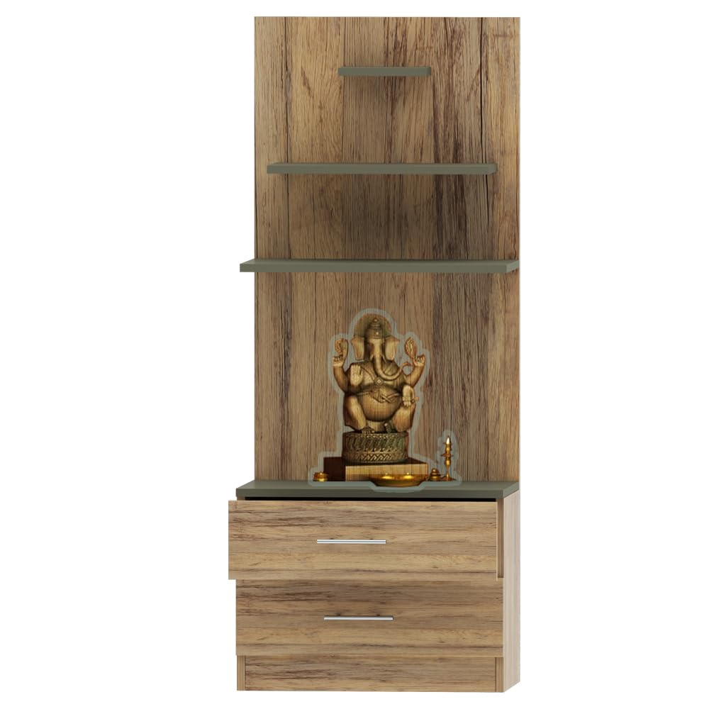 Mahmayi Wooden Mandir, Temple with 2 Drawers for Storage Essentials and 3 Shelves for God Statue Sturdy Steel Legs Ideal for Home, Office, Temple - Vintage Santa Fe Oak and Lava Grey