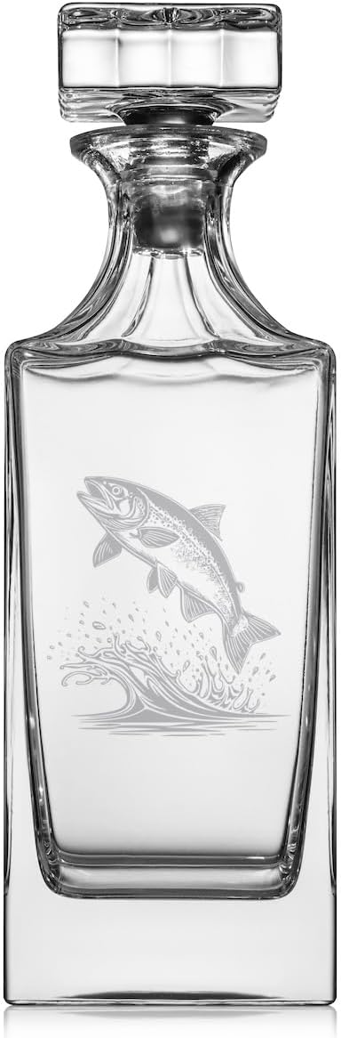 30 oz Glass Whiskey Decanter with Glass Stopper Gift Trout Jumping Fish Fishing