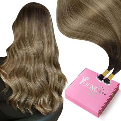 Image of YoungSee Nano Bead Hair Extensions Balayage Brown 18 Inch Nano Ring Hair Extensions Human Hair Ombre Dark Brown with Blonde Nano-Tip Extension Real Human Hair Ombre Cold Fusion 1g /strands 50g