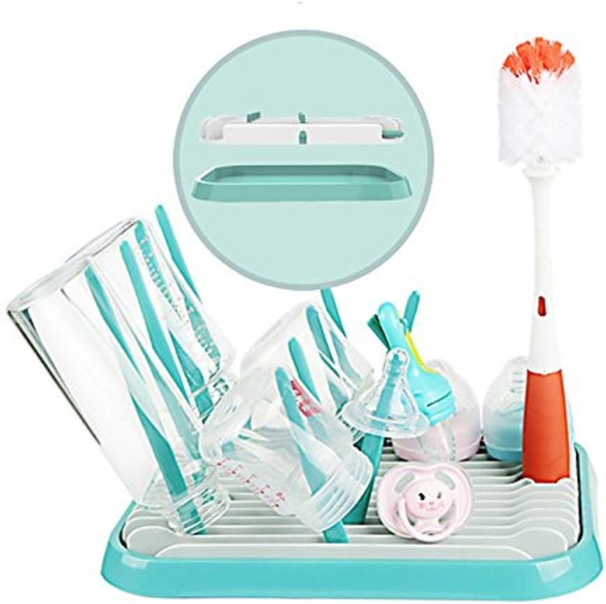 Storrianne Foldable Baby Bottle Drying Rack - Feeding Bottles Dryer for Countertop Space Saving, Large Size (Green and White)