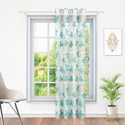 Image of Door Sheer Curtains 7 Feet Long Set of 1 | Leaf Design | Semi Transparent Door Curtain | Net Curtains | Curtain for Living Room | 118 x 215cm, | Perfect for Home Decors