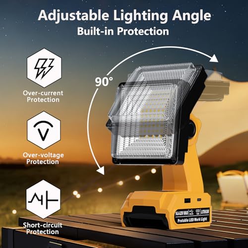 Image of DTEZTECH LED Work Light for Dewalt 20V Max Battery, 25W 1500LM Portable Cordless Work Light with 90 Pivoting Head, USB-A & USB-C Charging Ports for Jobsite, Workshop, Camping & Emergency (Tool Only)