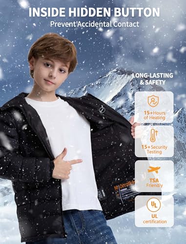 Kids Heated Jacket with Battery Pack - 7.4V Rechargeable Winter Work Self Electric Heated Coat for Boys-L2