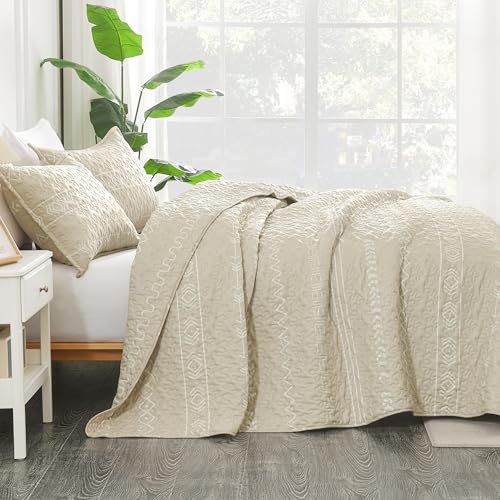Image of Andency Beige Twin Quilt Set, 2 Pieces Boho Lightweight Soft Striped Bedspread for All Season (68 inchx86 inch), Printed Bohemian Polyester Reversible Coverlet Comoforter Sets