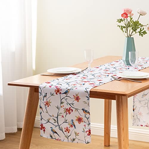 Lianvin Lianvin Spring Seasonal Birds And Flowers Watercolor Table Runner For Thanksgiving Christmas Weddings Holiday Party White #TOP1