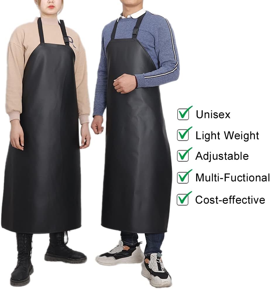 Black Waterproof Vinyl Apron - Large Faux Leather Apron with Adjustable Bib Ultra Lightweight for Dishwashing - Image 2