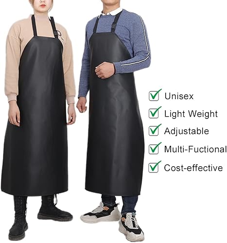 Miniatura 2 de Delantal de vinilo impermeable negro  Delantal grande de piel sintética con babero ajustable ultraligero para lavar platos, Negro -, Grande