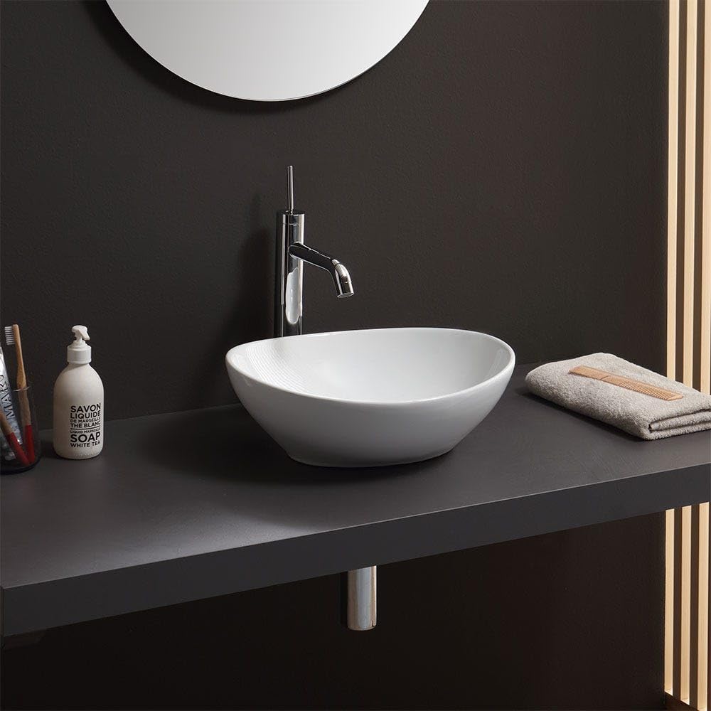 Kiamami Valentina - Lavabo In Appoggio Ovale In Ceramica Per Rubinetto A Muro