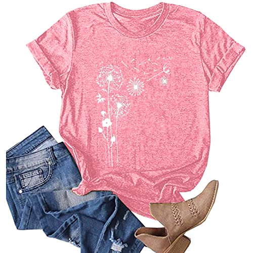 Summer Tops for Women 2025 Cute Floral Graphic Tees Crewneck Short Sleeve Shirts Dandelion Print Teen Girls Cotton Tshirts