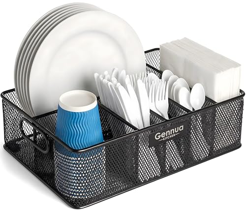 Gennua Kitchen Pappteller-Organizer für Schrank, Theke, Picknicks, Partys und mehr, extra großer Utensilien-Caddy aus dickem Eisengitter mit 6 Fächern für Pappteller und Kunststoffbesteck