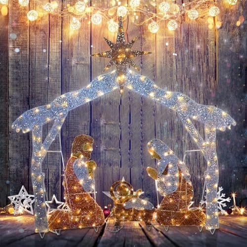 Presepe illuminato da esterno, Presepe for decorazioni natalizie da esterno, Set Sacra Famiglia natalizia for cortile, prato, giardino, Presepe di Natale, Presepe da esterno in metallo, Presepe da est