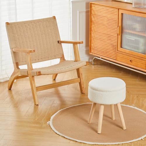 Mxfurhawa Storage Ottoman Foot Stool Teddy Velvet Round Vanity Stool Tray Top Footstool with Wood Legs Upholstered Foot Rest Ottoman for Living Room, Bathroom, Makeup (White) - Thumbnail 4
