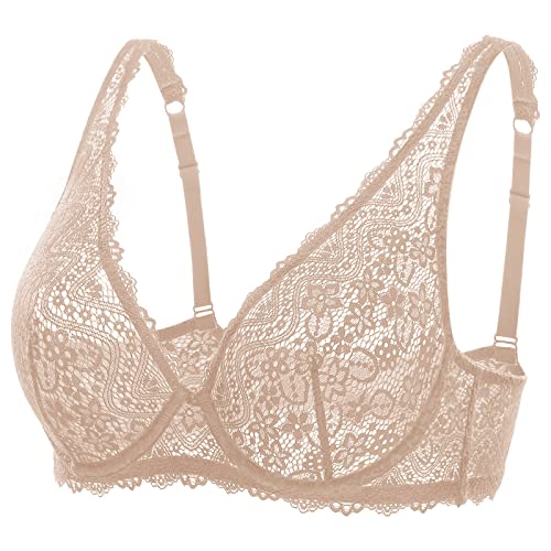 DOBREVA Women's Plunge Lace Bra Plus Size Sexy See Through Underwired Non Padded Bralette Beige 34E