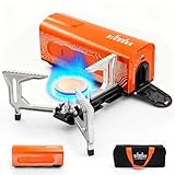 BIG HORN OUTDOORS Butane Camping Stove, Portable Folding Gas Burner with Carry Bag for Camping, Emergency Use and Outdoor Cooking, Orange
