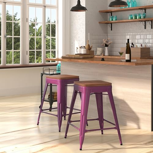Butaco Merrick Lane Serie Dalton Alto de Mostrador - Acabado Púrpura - Asiento de Madera - Estructura Metálica con Refuerzo Cruzado - Diseño sin Respaldo - Reposapiés Integrado miniatura 1