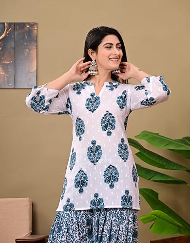 Image of Women's Cotton Floral Print Kurta Patiala Pant Set, White and Purple Traditional Indian Ethnic Wear with Damask Pattern