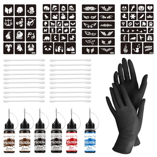 CHAOTEMAI Henne Tatouage Temporaire Kit 6 Flacons Encre Tatouage Imperméable + 1 Paire Gants + 71 Pochoir + 20 Cotons-Tiges Henna Tattoo pour DIY Halloween Mariages Anniversaires Cosplay