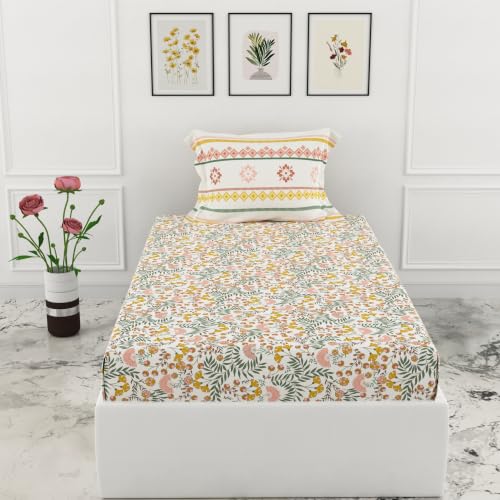 Image of LORETO - A QUALITY LINEN BRAND 144 TC 100% Pure Cotton Single Fitted Bedsheet with 1 Pillow Cover for 72 x 36 Inch Mattress, All-Around Elastic, 8 Inch Deep Pocket, Ditsy Fresh Floral