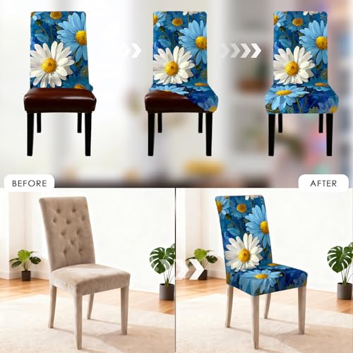 Image of Nuxovilar 2PCS Blue Daisy Print Milk Silk Dining Chair Covers