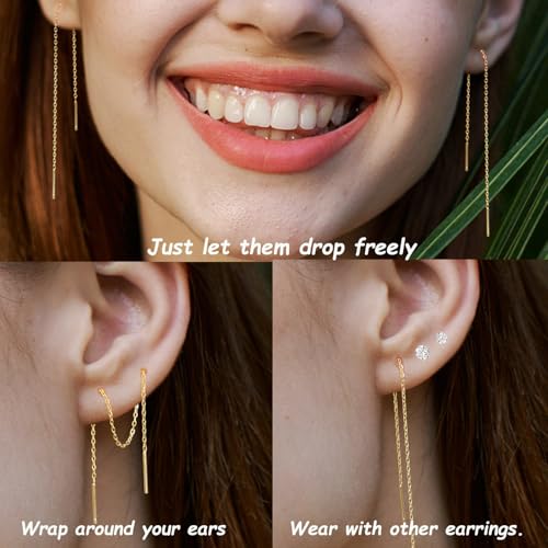 Sterling Silver Threader Chain Dangle Earrings,Versatile & Comfortable Hypoallergenic Silver Earrings Gold Plated 4.8 Inches4