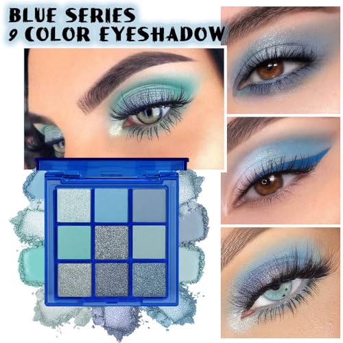 Evpct 9 Colors Dark Light Royal Cobalt Blue Pearl White Glitter Shimmer Eye Shadow Makeup Palette Highly Pigmented Waterproof Matte Metallic Shimmer Daily Party Sparkling Eyeshadow Palett thumb #1