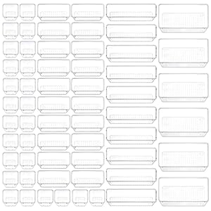 Fixwal 62 PCS Clear Drawer Organizer Set, 4-Size Plastic Drawer Organizers Trays Bathroom Organizers Dresser Storage Bins Separation Box for Makeup, Jewelries, Gadgets, Bathroom, Office, Bedroom.
