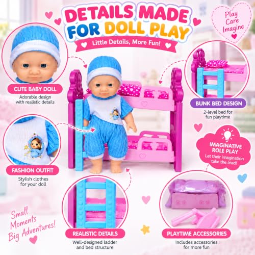 Image of Baby Dolll Bunk Bed Playset for Kids, Lovely Dolll with 2-Level Pink Bunk Bed, Blue Outfit & Cap, Dolll Accessories, Pretend Play Toy Set for Girls & Kids