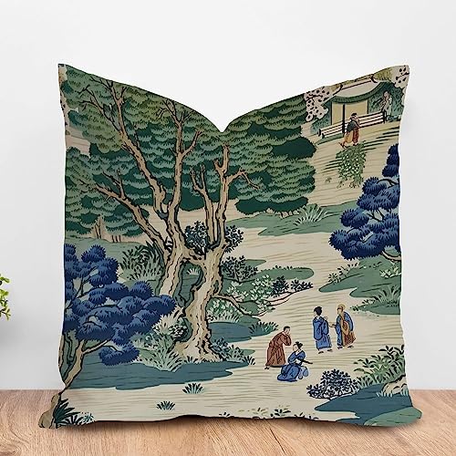 ArogGeld Asian Dynasty Garden Throw Pillow Covers Blue and Green Scenic Chinoiserie Decorative Throw Pillow Cushion Chinoiserie Chic Farmhouse Pillow Cover Case for Sofa 20x20in White Flax