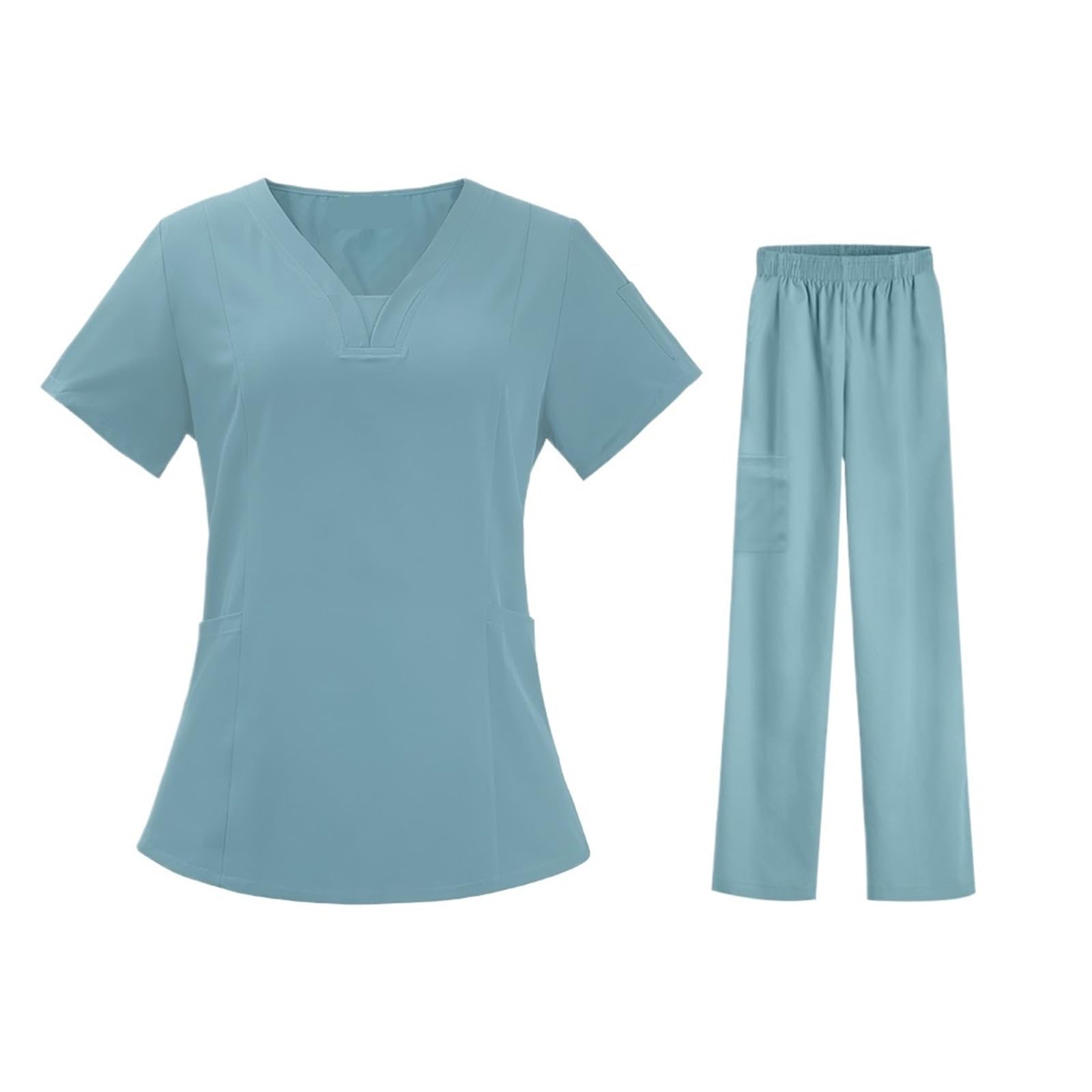 Medizinische Arbeitskleidung Damen Krankenschwester-Uniform, Pflege, Pflege, Arbeitskleidung, OP-Kittel, Kurze Ärmel, elastische Hose FüR Beauty Salon Klinik Krankenhaus(Light Blue,M)
