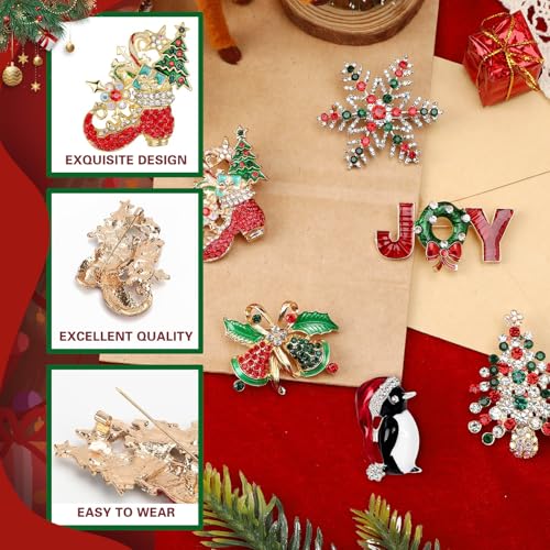 Image of 6 Pieces Merry Christmas Pins Brooch, Rhinestone Crystal Christmas Pin Enamel Christmas Bells Snowflake Penguin Brooch Christmas Decoration Ladies Holiday Gift Jewelry Party