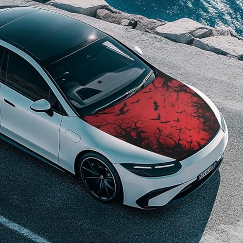 Image of Bat Print Car Hood Cover All Weather Protection Automotive Exterior Accessories Universal Fit Hood Covers for Cars, Trucks, SUV, or Van Full Coverage Halloween Decor