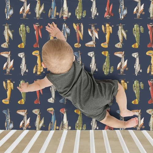 Image of Vintage Planes Airplanes Helicopters Baby Crib Sheets Boy Girl 28 inchx52 inch Navy Plane Models Aircraft Soft Stretchy Fitted Crib Mattress Cover Baby Sheet for Standard Crib & Toddler Mattress Pad