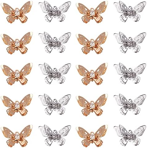 CHGCRAFT 20Pcs Filigree Butterfly Charms Pendants with Crystal Rhinestone Brass 3D Butterfly Beads Charms for DIY Bracelet Necklace Jewelry Findings Making, Platinum and Golden