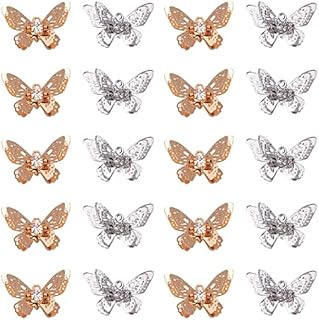 CHGCRAFT 20Pcs Filigree Butterfly Charms Pendants with Crystal Rhinestone Brass 3D Butterfly Beads Charms for DIY Bracelet Necklace Jewelry Findings Making, Platinum and Golden