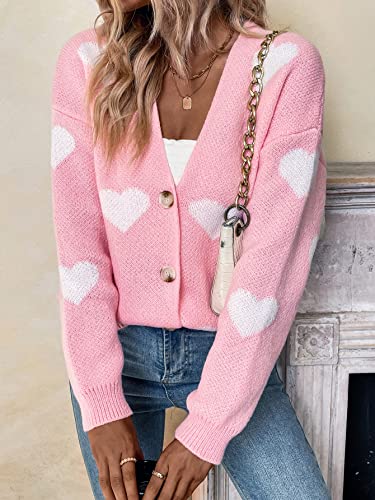 SHENHE Women's Button Down Cardigan Cute Heart Print V Neck Soft Cardigan Sweater Coat4
